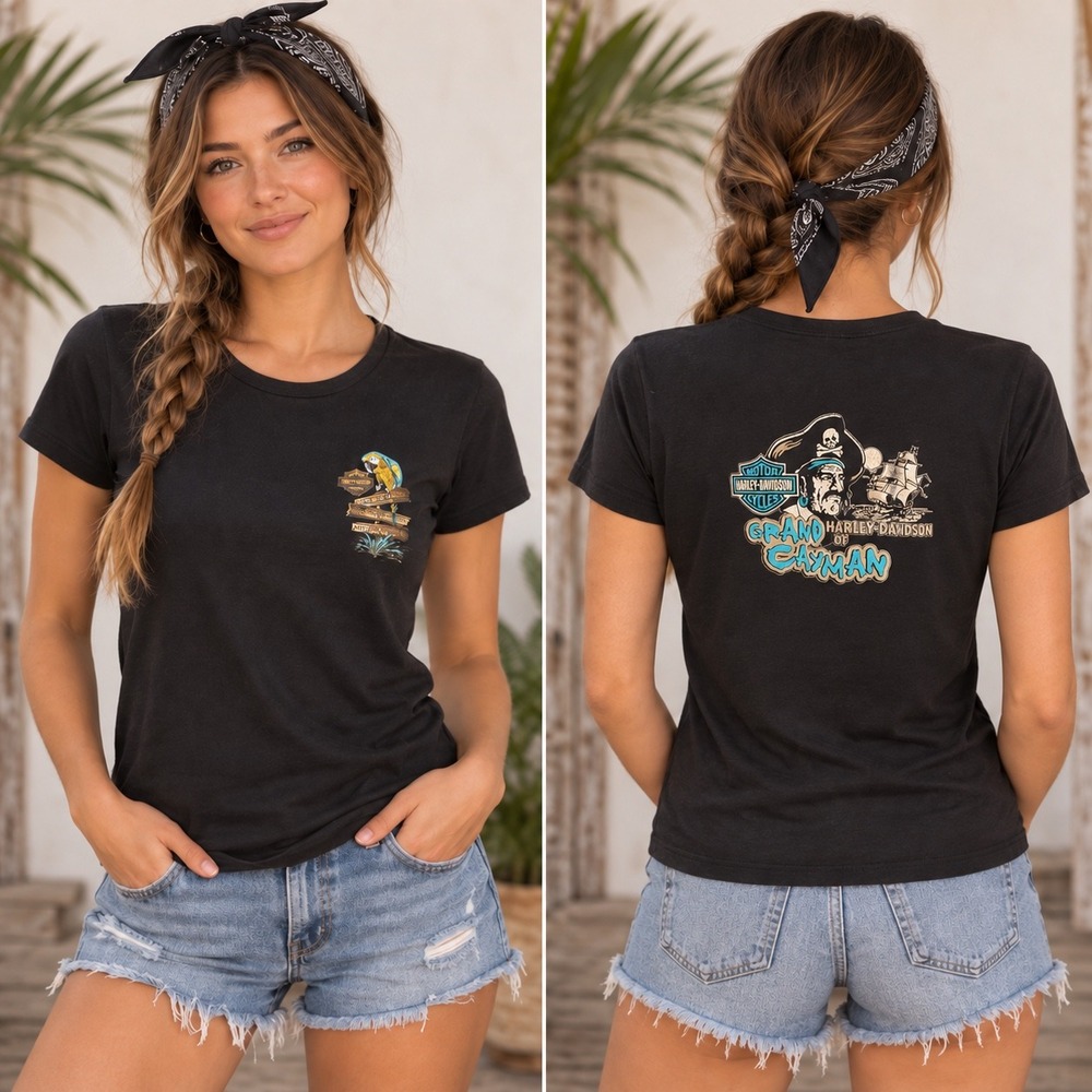 Vintage 2003 Harley Davidson Grand Cayman Women's T Shirt Pirate Y2K Black
